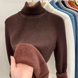Velvet Turtleneck Pullovers Women Korean Fashion Lined Warm Sueter Knitted Slim Top Winter Jersey Knitwear Jumper