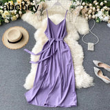 Style Sexy V-neck Slit long Dress Women's Summer elegant Plain Lace-up Waist Dress Office