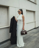Knitted Turtleneck Pleated Tank Maxi Dress-Outfit