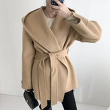 Aachoae Women Solid Color Wool Coats With Belt Long Sleeve Hooded Pockets Coats Female Chic Elegant
