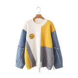 And Winter Cowboy Sleeve Splicing Bumpy Smiley Face Loose-Fitting Sweater Round Collar Knitted Bottoming Shirt