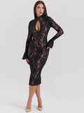 Black Lace Front Slit Long Sleeve Midi Dress-Outfit