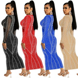 Sexy Nightclub Hot Diamond Mesh Perspective V Collar Long Sleeve Dress Woman-Outfit