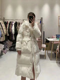 Fashion Waist Hooded Long Down Jacket Female 2024 Winter New Show Thin Three Plate Buckle Warm Coat-Outfit