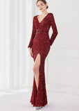 Winter Elegant Deep V Neck Long Sleeve Slit Cocktail Eevening