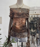 Shot Shoulder Strap Tie Dyed Net Shawl Shirt T-Shirt T-Shirt T-Shirt Design Folded Long-Sleeved T-Shirt
