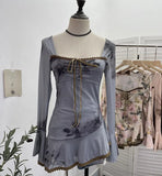 And Summer New French Style Tie Dyed Horn Long-Sleeved Lace Side Design T-Shirt