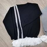 Lace Tie Oversized Patchwork Knitted Tee-Outfit