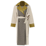 New British Wind Splicing Colliding Color Leather Lattice Long Wind Coat Coat Women