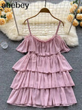 Spaghetti Strap Woman Dress Summer Solid Ruffles Off Shoulder Sundress Elegant Chiffon A-Line Beach Boho Dresses