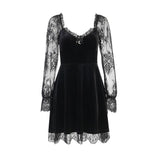 Dark Dress Lace Stitching Shows Chest Long-Sleeved Lotus Leaf Edge Waist Shows Thin Casual Dress-Outfit