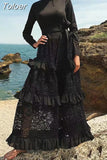 Lace Solid Dresses Female Round Neck Long Sleeve Patchwork Bowknot High Waist Ruffles Dress For Women Summer Fashion