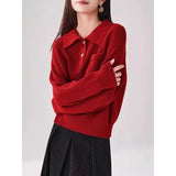 2025 New Retro Buckle Design High-Necked Ladies Knitted Cardigan Pure Color Ocean Sweater