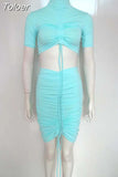 Green Yellow Sexy Two Piece Set Women Turtleneck Short Sleeve Crop Top+ Pleated Bodycon Dress Tracksuit 2 Piece Club