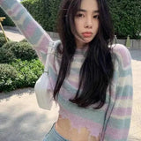 2021 Women Turtleneck Sweater Pink And Purple Striped Hole Cropped Pullover Sweaters Fashion Batwing Sleeve Knitwear