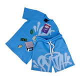 Aesthetics Male Gothic 2-Piece Hip-Hop Alphabet Print 0-Collar T-Shirt + Rope Wide Legs And Short-Outfit