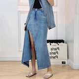 Casual Denim Skirt For Women High Waist Split Thigh Solid Minimalist Midi Skirts Female Summer Clothing Fashion