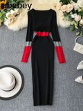 Women Autumn Winter Sweater Dress Fashion Patchwork V Neck Slim Elastic Dress Warm Bodycon Pullovers Knitting