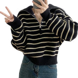 Version Lapel Striped Head Sweater Female Qiu Dong New Loose Long Sleeve Versatile Fashion Short Jacket Female-Outfit