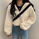 Deeptown Brown Kawaii Zip Up Crop Top Korean Style Zipper Sweatshirt 2021 Fashion Winter Warm Casual Hip Hop Long Sleeve