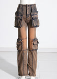 Toloer 2024 New Fashion High Street Design Sense Pocket Stitching Tooling Wind High Waist Straight Tube Denim Warehouse Pants Women-Outfit