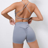 Toloer Shoulder Strap Beautiful Back Bra Peach Hip Shorts Yoga Suit Running Quick-Dry Tight Sports Fitness Suit-Outfit