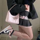 Style Playful Girl Striped Lace Bow Knot Pleated Skirt 2024 Spring / Summer New Low-Waist Skirt With Lining-Outfit