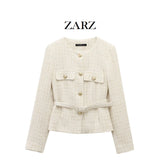Homemade New Women's Wear Belt Textured Long-Sleeved Round-Neck Casual Suit