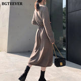 Vintage Women Knitted Dress Autumn Winter Brief V-neck Warm Drawstring Lace-up Loose Midi Female Sweater Dress