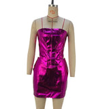 Toloer Women's Autumn 2024 New Metal Color PU Leather Tight Chest Wrapped Hip Short Skirt Set Women's Two-Piece Set-Outfit