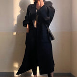 Aachoae Elegant Solid Long Wool Coat Women Batwing Long Sleeve Loose Drop Shoulder Pocket Coat Split Hem Chic Stylish