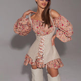 Toloer Women's Fall 2023 New Fashion Long-Sleeved Floral Dress With A Waistcoat Waist To Show A Thin A-Line Skirt-Outfit
