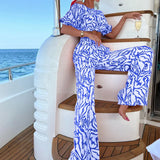 Toloer 993 Spot Women's Wear Autumn 2024 New One-Line Shoulder Short-Sleeved Top Print Pants Suit Two Sets-Outfit