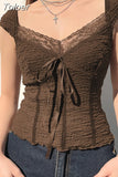 Lace-up Lace Patchwork Y2K Top Short Sleeve Summer 2023 Kawaii Clothes Vintage Tank Tops Coquette T-shirt Women