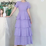 New Summer Temperament All-match O-neck short sleeve Dress waist slim multi-layer Ruffles cake