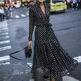 Style Women Dress Sexy Vintage Maxi Polka Dot V-Neck Wrap Dress Elegant Women Dresses Evening Party High Waist
