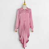 Casual Solid Dress For Women Lapel Collar Long Sleeve Fold Pleated Loose Dresses Female 2022 Clothing Fashion