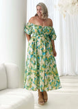 Women's Hot Dress 2026 Summer Temperament Square Collar Print Bubble Sleeve Long Dress