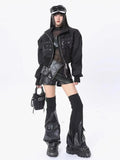 Black Thread Leather Socks for Women Splice 3D Pocket Leg Covers Spicy Girls Over Knee Boot Cuffs Harajuku Leg Warmers-Outfit