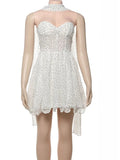 White Polka Dot Strapless Frill Mini Dress With Drape Scarf-Outfit