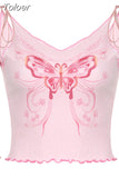 Sweet Kawaii Butterfly Print Crop Top Pink Lace-up Bandage Shoulder Frill Ribbed Corset Lolita Casual Basic Camis