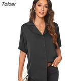 Summer Blue Loose Blouse Women Casual Button Short Sleeve White Shirt Women Notched Office Lady Solid Blouses Tops