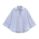 Spring And Summer New Women's Fashion Casual Collar Striped Wide-Sleeved