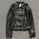 Spring Autumn Women Faux Leather Jacket Ladies Solid With Belt Zipper Biker Coat Female Casual
