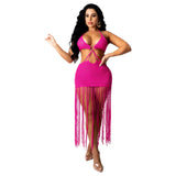 Toloer New Women's Solid Color Knit Sexy Strapless Tassel Beach Dress-Outfit