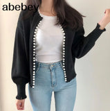 2022 Autumn Fashion Streetwear Pearls Beading Edging Ripped Cardigan Women Casual Sweater Lady
