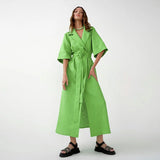 Elegant Lace Up Robe Dress Summer Wrap Long Dresses Women Casual Loose Half Sleeve Cotton Linen Office Blazers