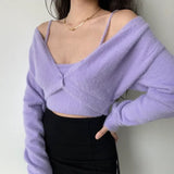 Cropped Button Knit Two Piece Cardigan-Outfit