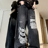 Retro Distressed Patch Ripped Design Niche Ripped Jeans-Outfit