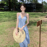 Desire Wind Sexy Dew Back Hanging Neck Halter Belt Skirt Female Summer New French Temperament Super Fairy Seaside Holiday Dress-Outfit